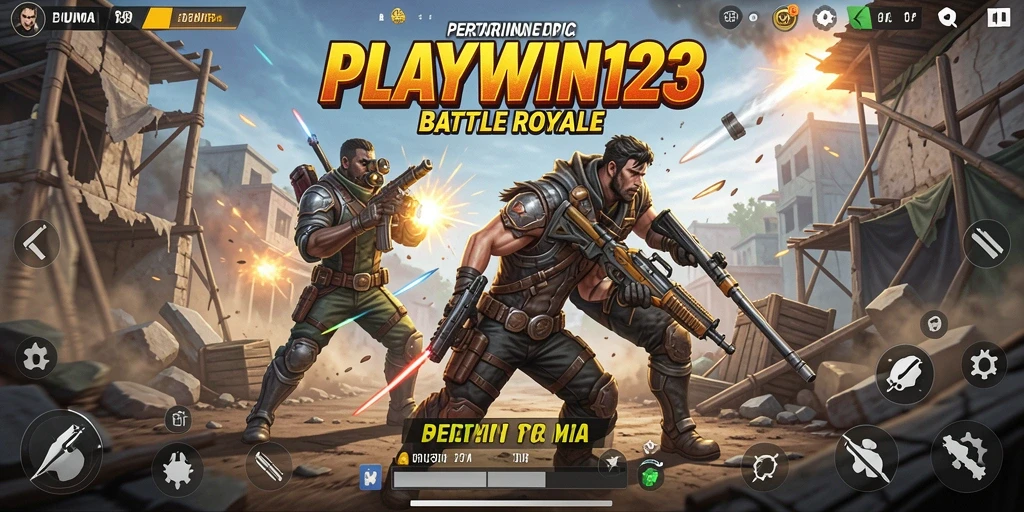 Screenshot utama PLAYWIN123 menampilkan aksi intens di medan perang Battle Royale.