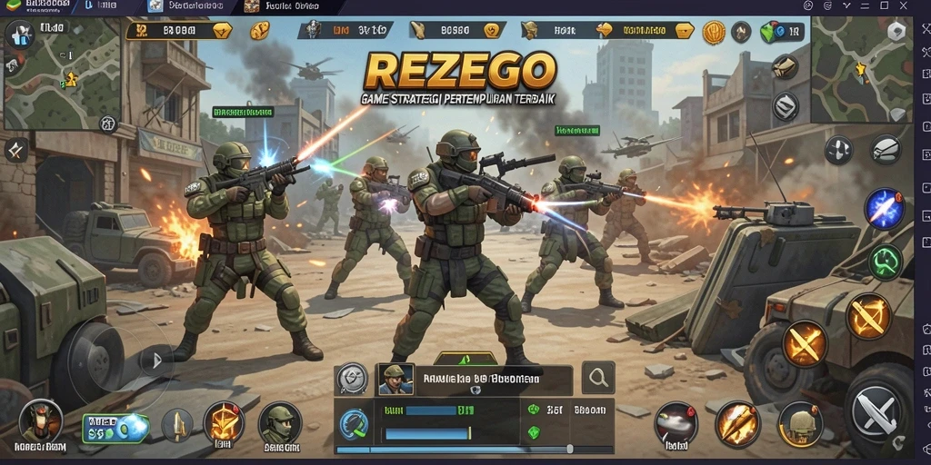 Screenshot gameplay <strong>REZEGO</strong> menampilkan pertempuran strategi yang mendebarkan.
