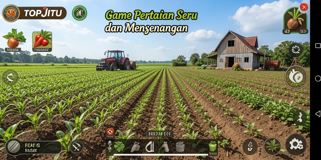 Screenshot gameplay menunjukkan ladang yang subur dan aktivitas pertanian.
