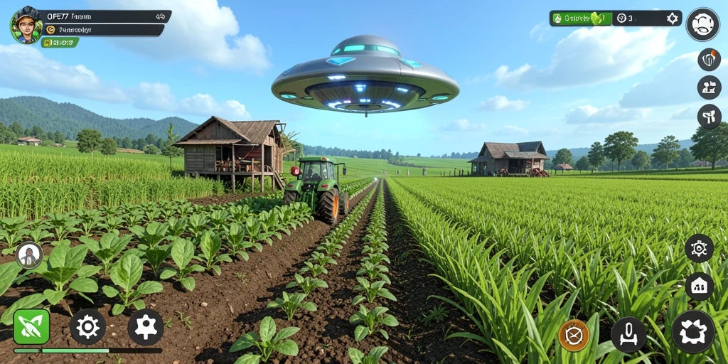Screenshot utama UFO77 menampilkan gameplay menarik saat bertani.