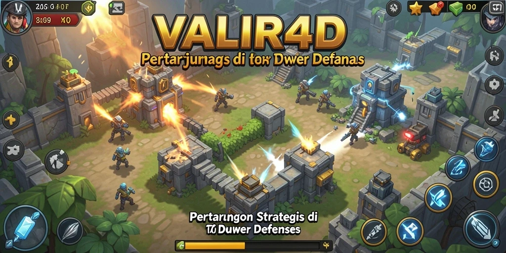 Screenshot gameplay VALIR4D dengan menara pertahanan yang strategis.